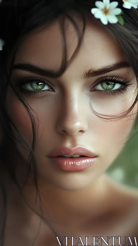 Enigmatic green-eyed beauty gazes with serene intensity.