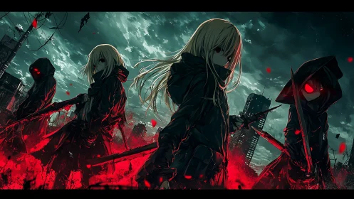 Blade choir under crimson rain in a drowned dystopia.