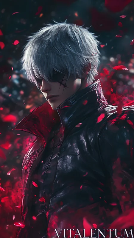 Silver haired antihero stands amid crimson petal storm.