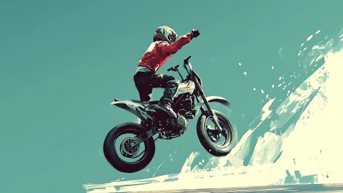Motocross rider airborne over abstract snow ramp, teal sky