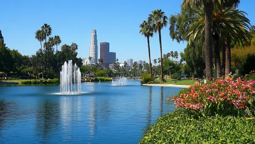 City lake with fountains, palm trees and skyline view.