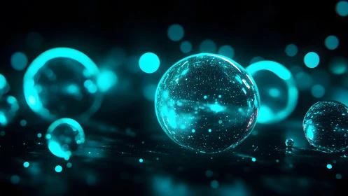 Glowing Neon Blue Glass Spheres in Futuristic Abstract Style.