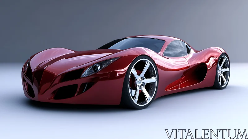 Futuristic red concept supercar gleams on minimalist studio stage.