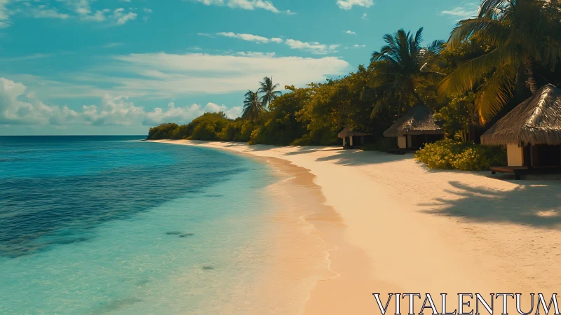 Tropical Island Resort Shoreline with Thatched Bungalows.