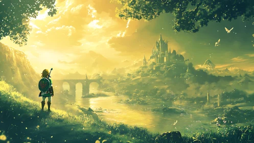 Figure surveys illuminated valley landscape with distant castle