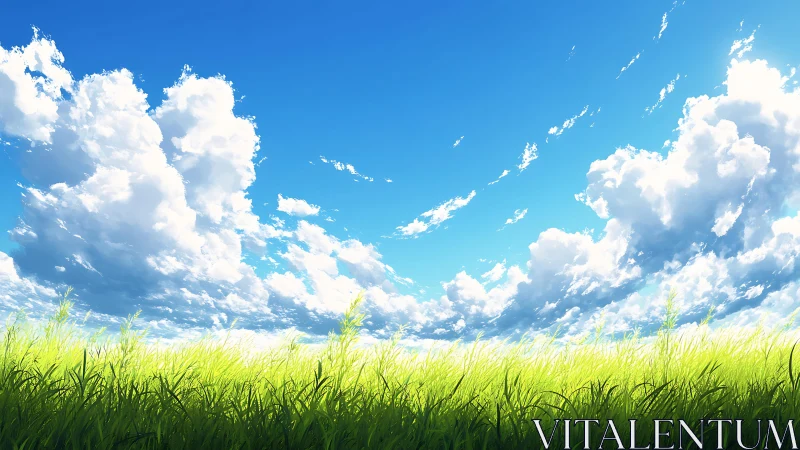 Vivid summer meadow under towering cumulus clouds.