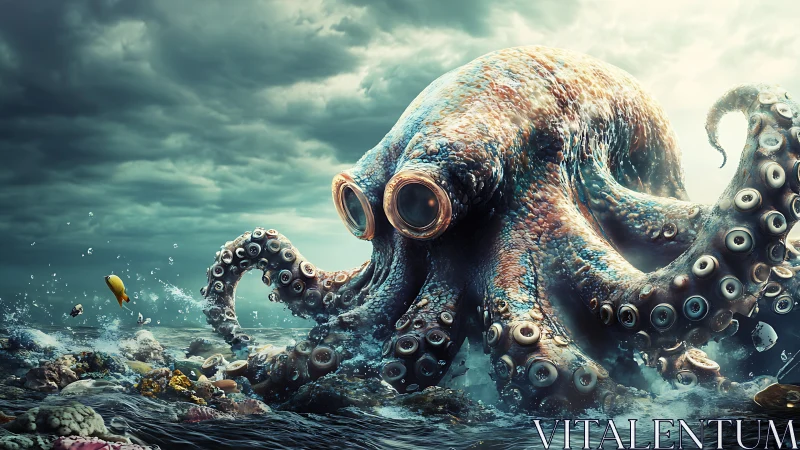 Gentle sea giant with curious eyes roams a stormy shore.