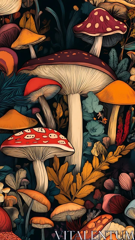 Enchanted forest mushrooms glow amid rich autumn foliage.