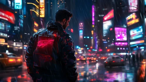 Solitary neon figure in rain-soaked futuristic city streetscape.