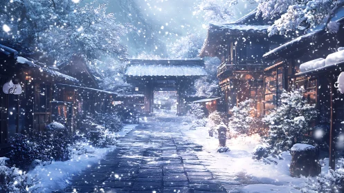 Digital painting of snowy traditional alleyway composition.