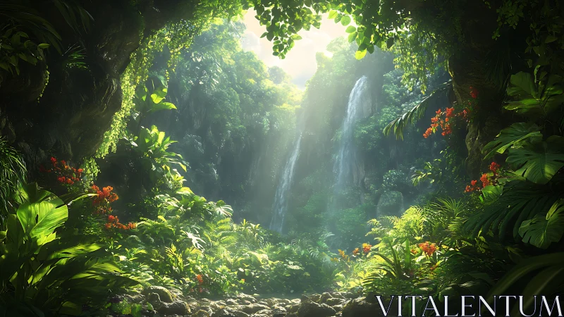 Hidden jungle amphitheater of waterfalls and sunlit mist.