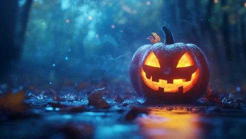 Glowing jack-o’-lantern haunts a misty blue forest path.