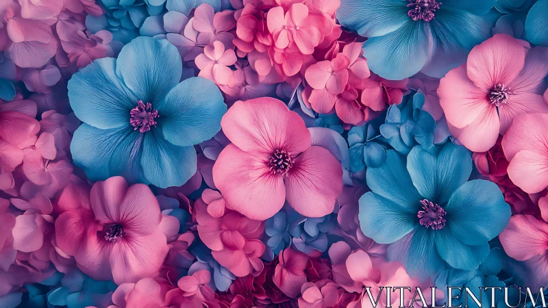 Vibrant Pink and Blue Flowers in Dense Layered Composition