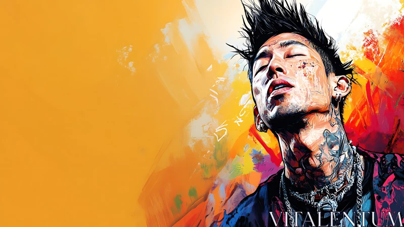 Tattooed man portrait against bold orange abstract backdrop.