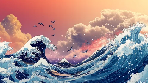 Stylized ocean waves move toward distant mountain under clouds