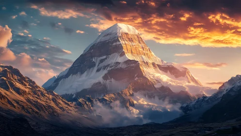 Snow capped peak under vivid orange sunset sky.