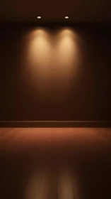 Warm spotlighted wall over polished wooden floor at night.