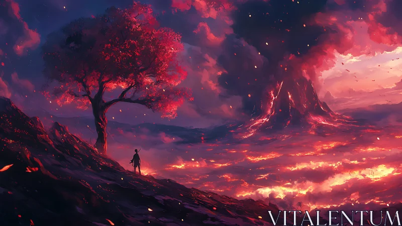 Crimson Sentinel: A Lone Figure Before Apocalyptic Skies.