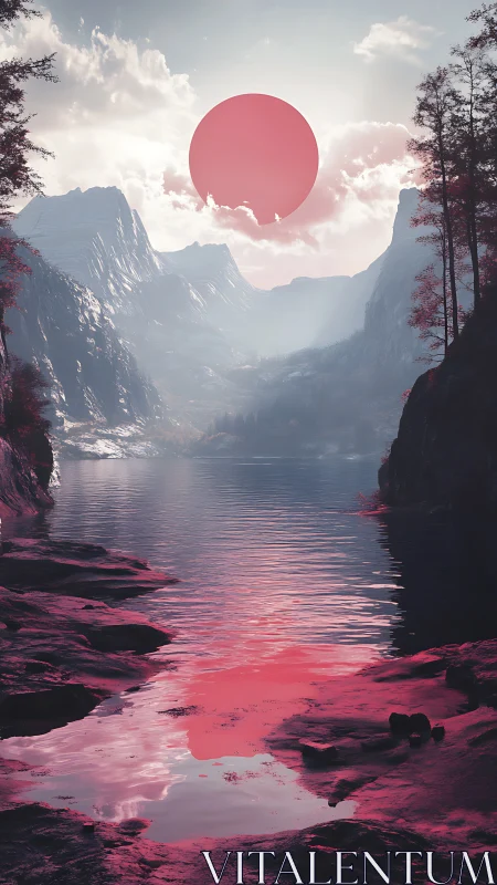Dreamy crimson sun gently glows above a tranquil valley lake