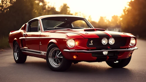 Red classic fastback muscle car is parked on a roadway