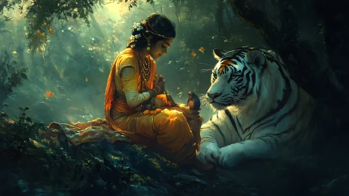 Forest princess and white tiger share a quiet dawn secret.