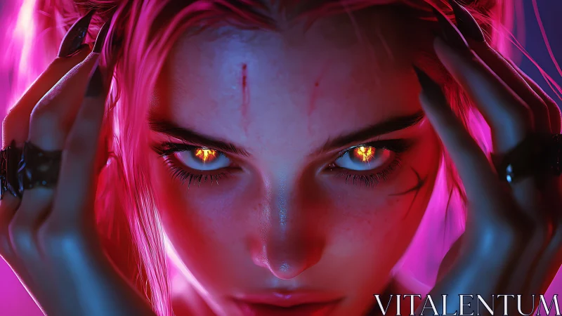 Intense neon portrait of fierce woman with glowing eyes.