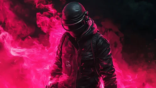 Helmeted figure in black gear within dense pink smoke field.
