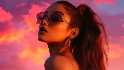 Sunlit profile portrait with reflective sunglasses and neon sky.