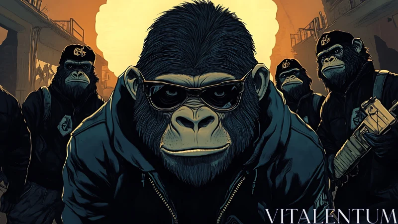 Gorilla group in urban alley wearing jackets and gear.