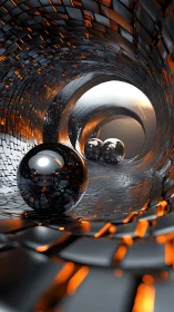 Gleaming chrome orbs rolling through a molten light tunnel.