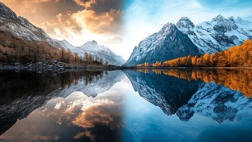Split-season alpine lake reflection compares warm dusk and cold dawn