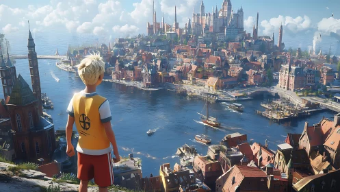 Digital painting vista of harbor city from cliffside viewpoint.