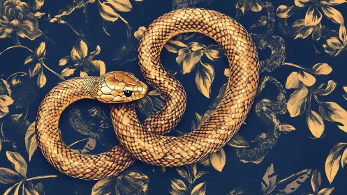 Golden serpent coils over floral navy backdrop in harmony.