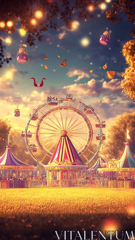 Whimsical sunset carnival with glowing ferris wheel lights.