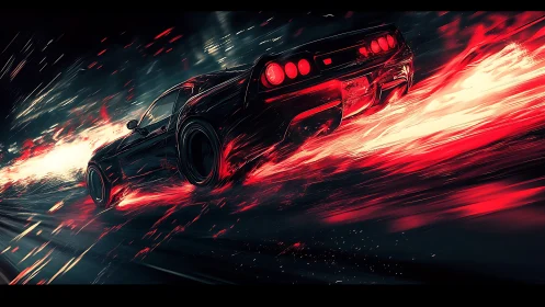 Cyber-noir sports car accelerates through incandescent red trails
