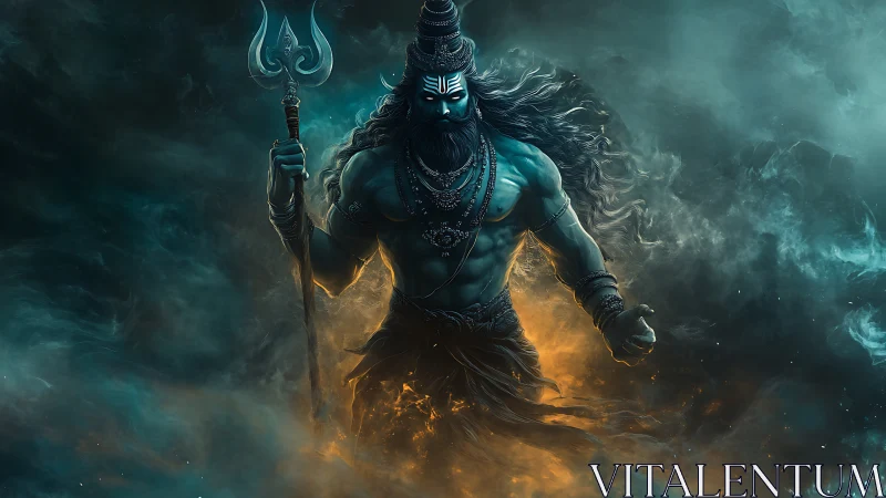 Mythic blue warrior with trident amid swirling smoke clouds.