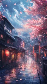 Rain-wet sakura alleyway captures atmospheric urban serenity