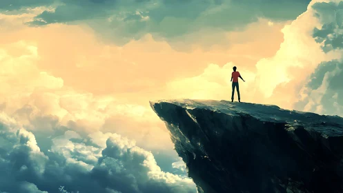 Lone figure contemplates vast glowing sky from cliff edge.