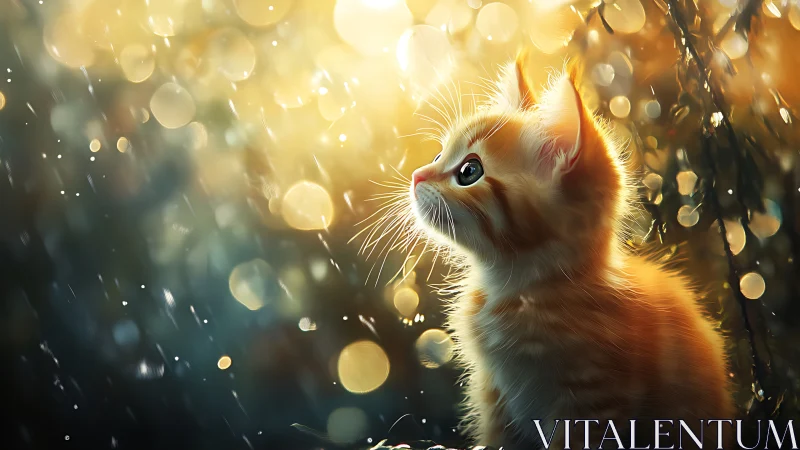 Orange cat gazing upward in bokeh environment.