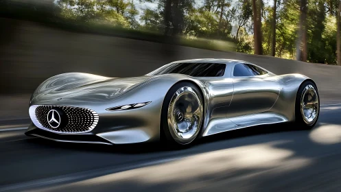 Chrome bullet glides through forest light like liquid speed