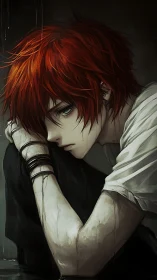 Rain-soaked redhead curls into shadowed quiet resistance.