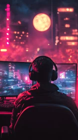 Gamer views neon cyberpunk cityscape across ultra-wide monitors