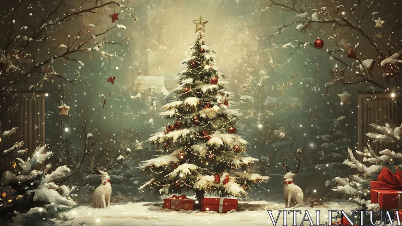 Snowy Christmas tree glowing softly with cozy winter magic.