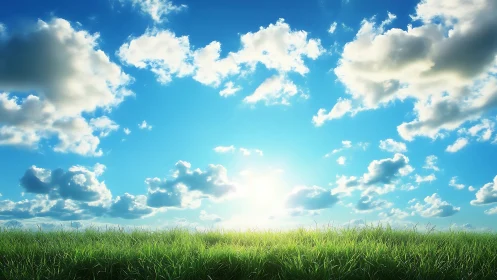 Sunlit grass field under scattered daytime clouds.