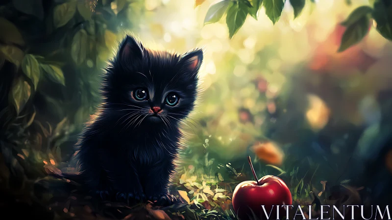 Black Kitten in Garden with Golden Sunlight.