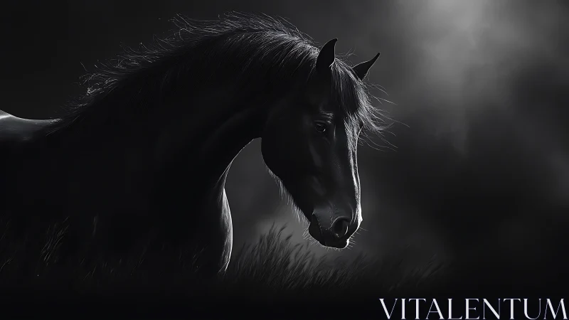 Side profile of dark horse in low key monochrome lighting.