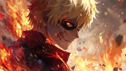 Flame-wreathed anime antihero rendered with dynamic lighting effects