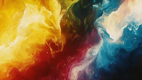 Multicolored fluid abstraction with swirling cloudlike forms.