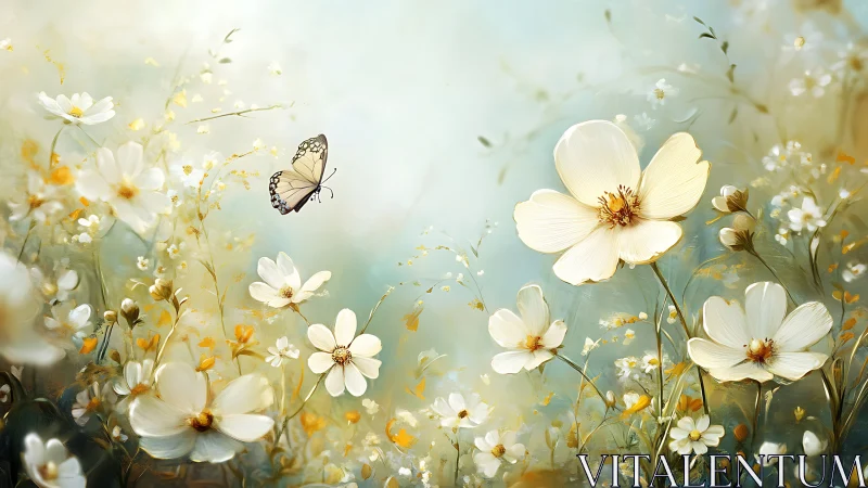 White cosmos flowers with butterfly in soft-focus garden setting