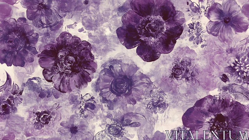 Violet floral abstraction spreads across textured canvas field.